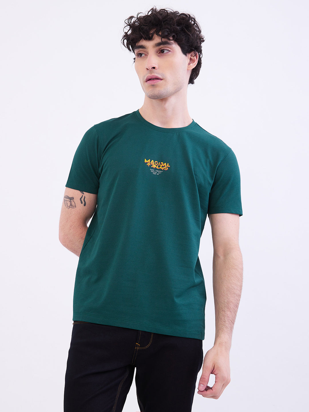 Spykar Botanical Green Slim Fit Casual T-Shirt For Men