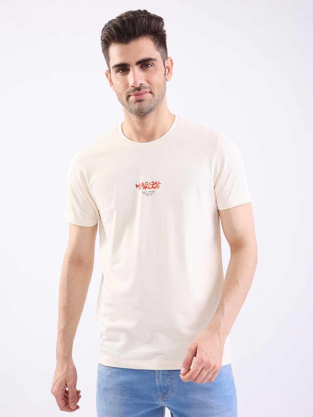 Spykar Off White Slim Fit Casual T-Shirt For Men