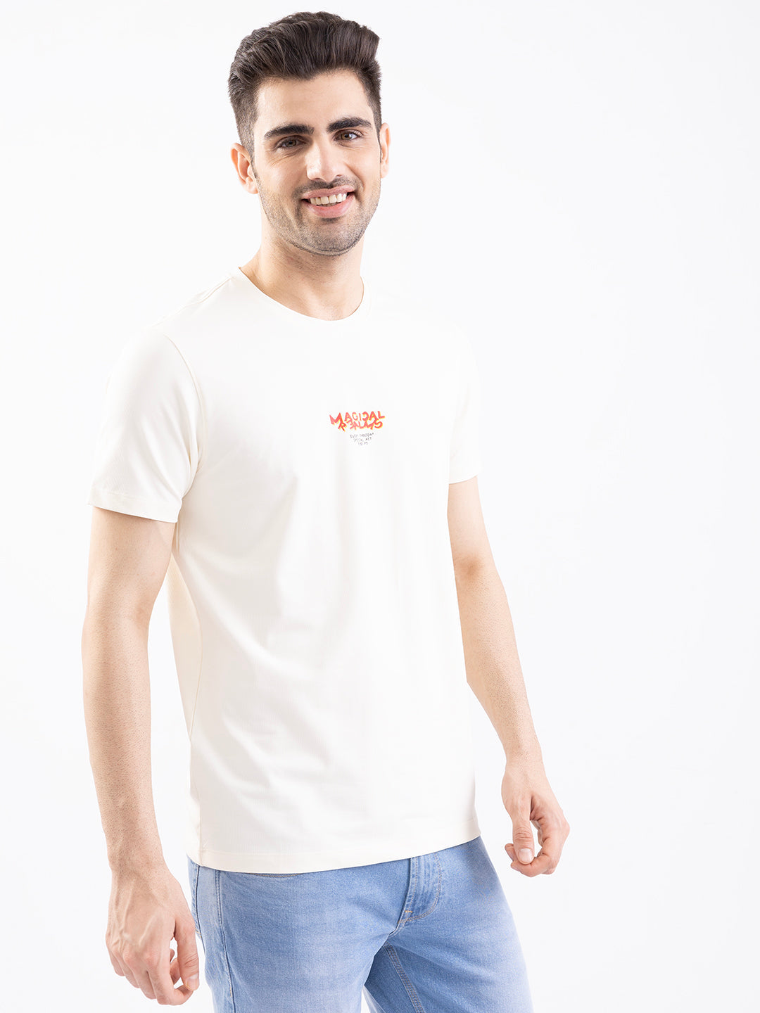 Spykar Off White Slim Fit Casual T-Shirt For Men