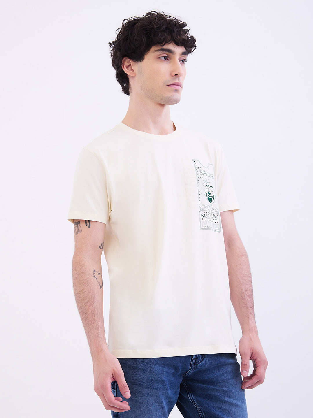 Spykar Off White Slim Fit Casual T-Shirt For Men