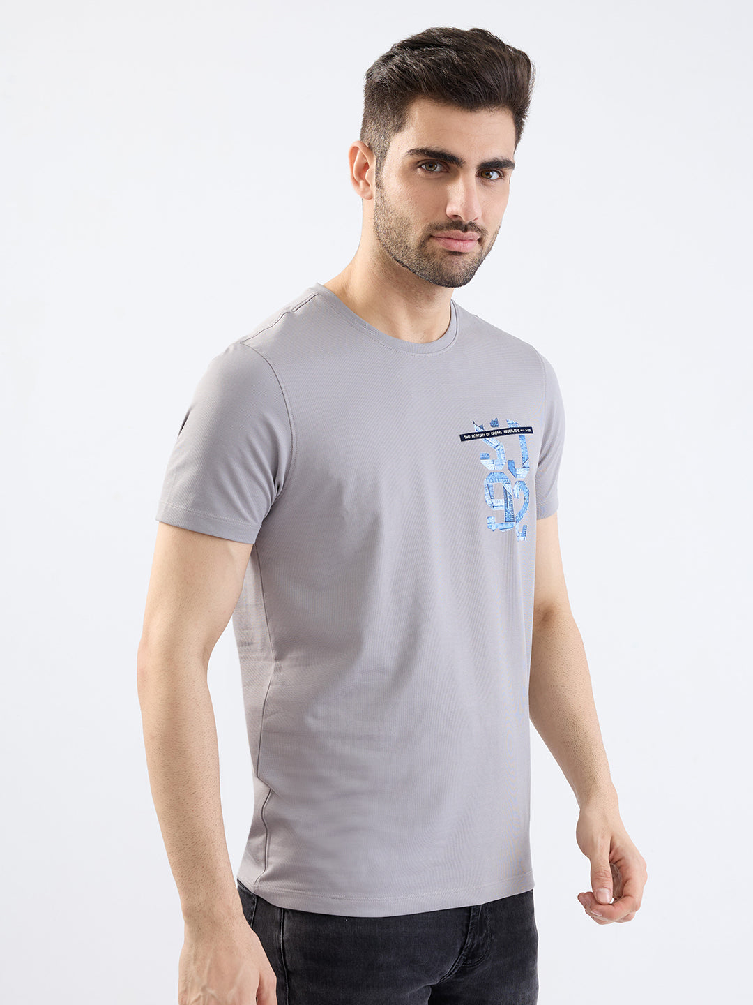 Spykar Silver Grey Slim Fit Casual T-Shirt For Men