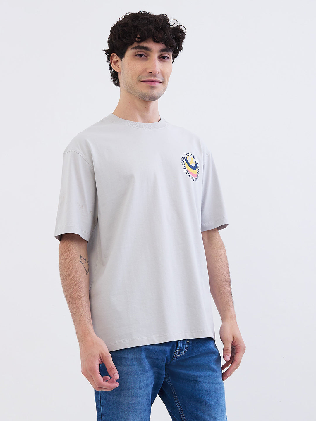 Spykar Silver Grey Comfort Fit Casual T-Shirt For Men