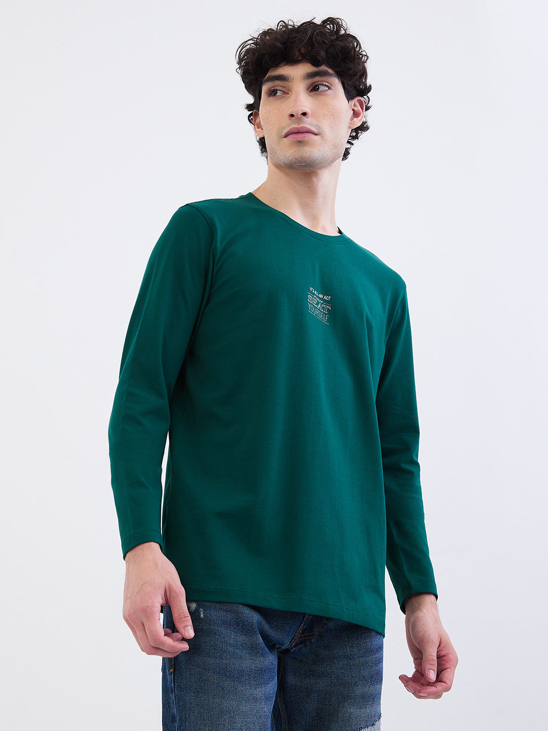 Spykar Botanical Green Slim Fit Casual T-Shirt For Men