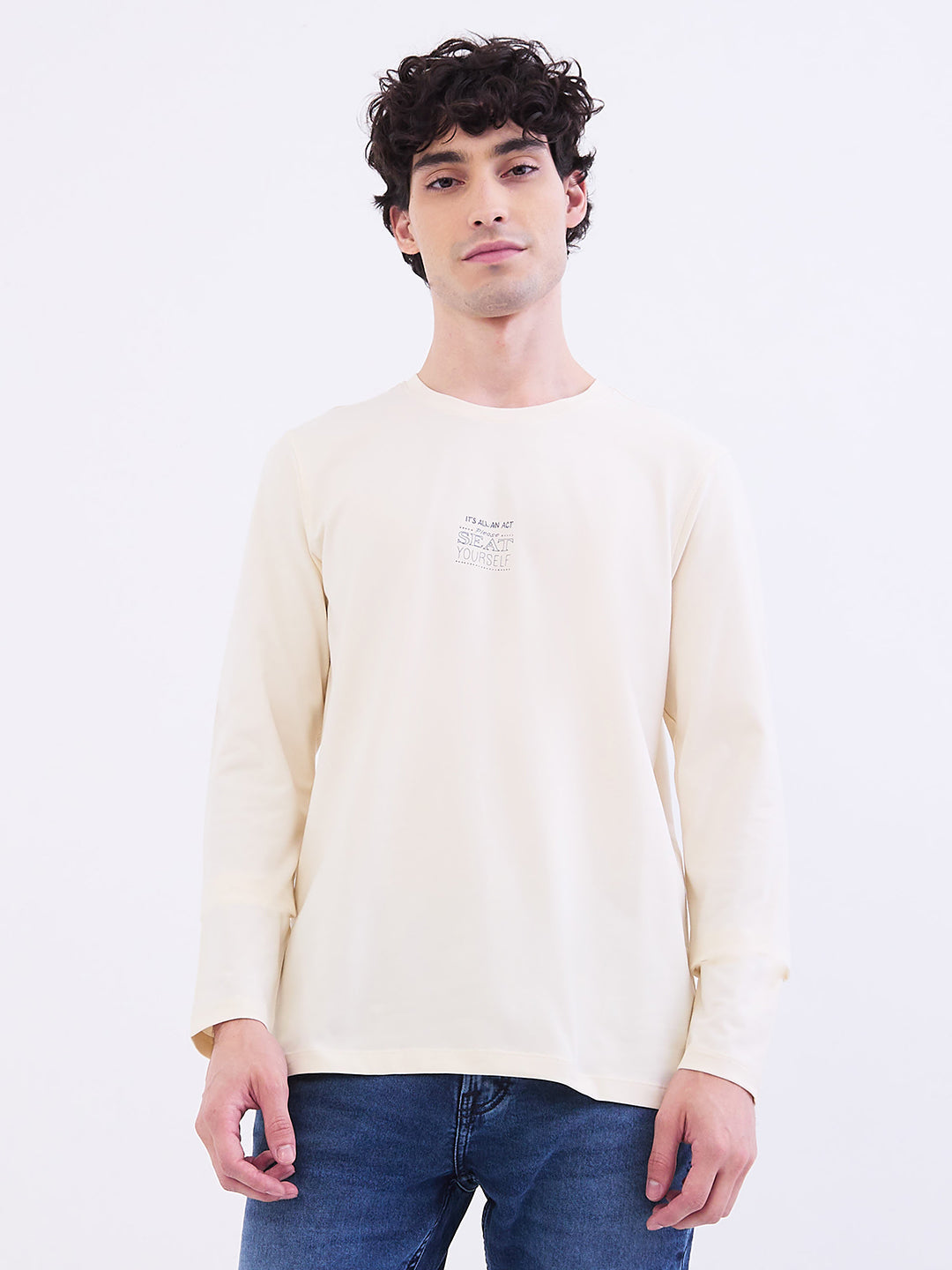 Spykar Off White Slim Fit Casual T-Shirt For Men