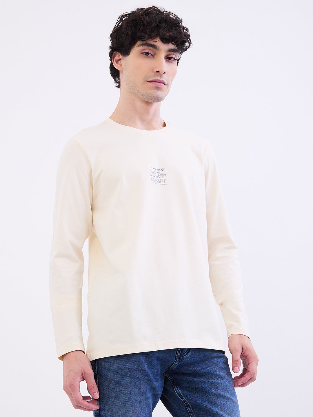 Spykar Off White Slim Fit Casual T-Shirt For Men