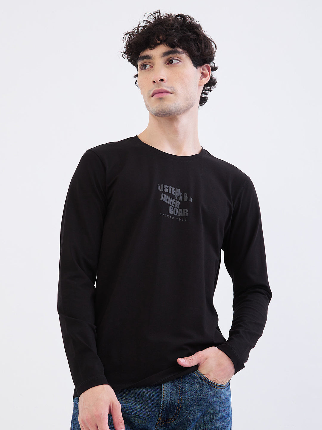Spykar Black Slim Fit Casual T-Shirt For Men