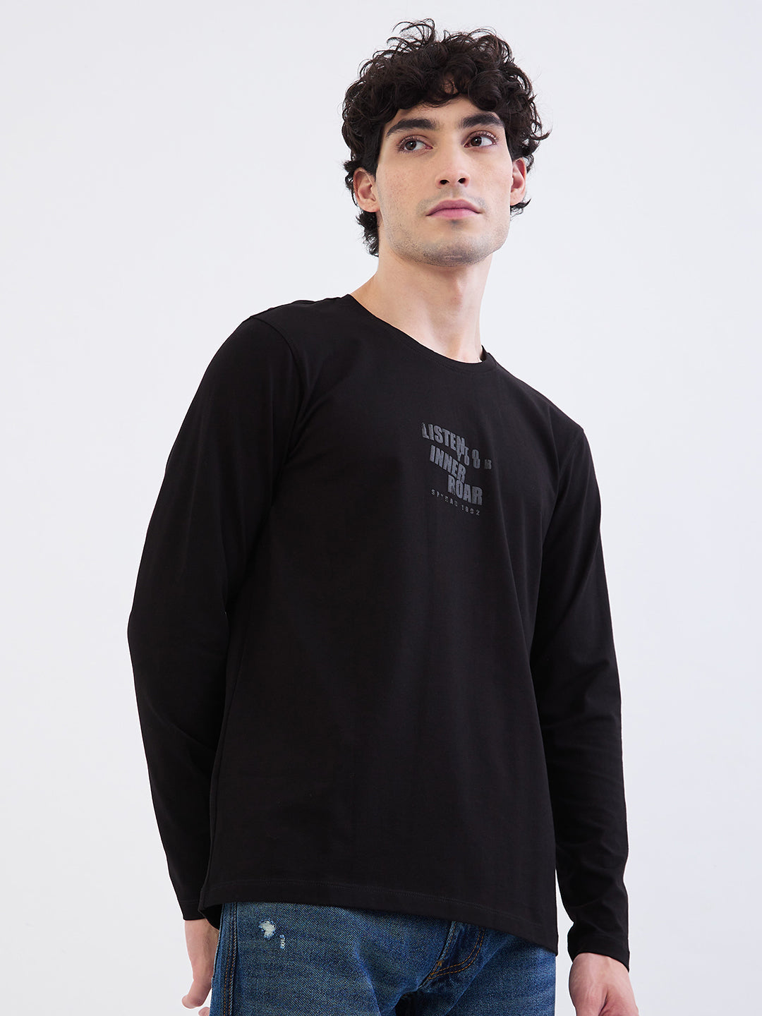 Spykar Black Slim Fit Casual T-Shirt For Men