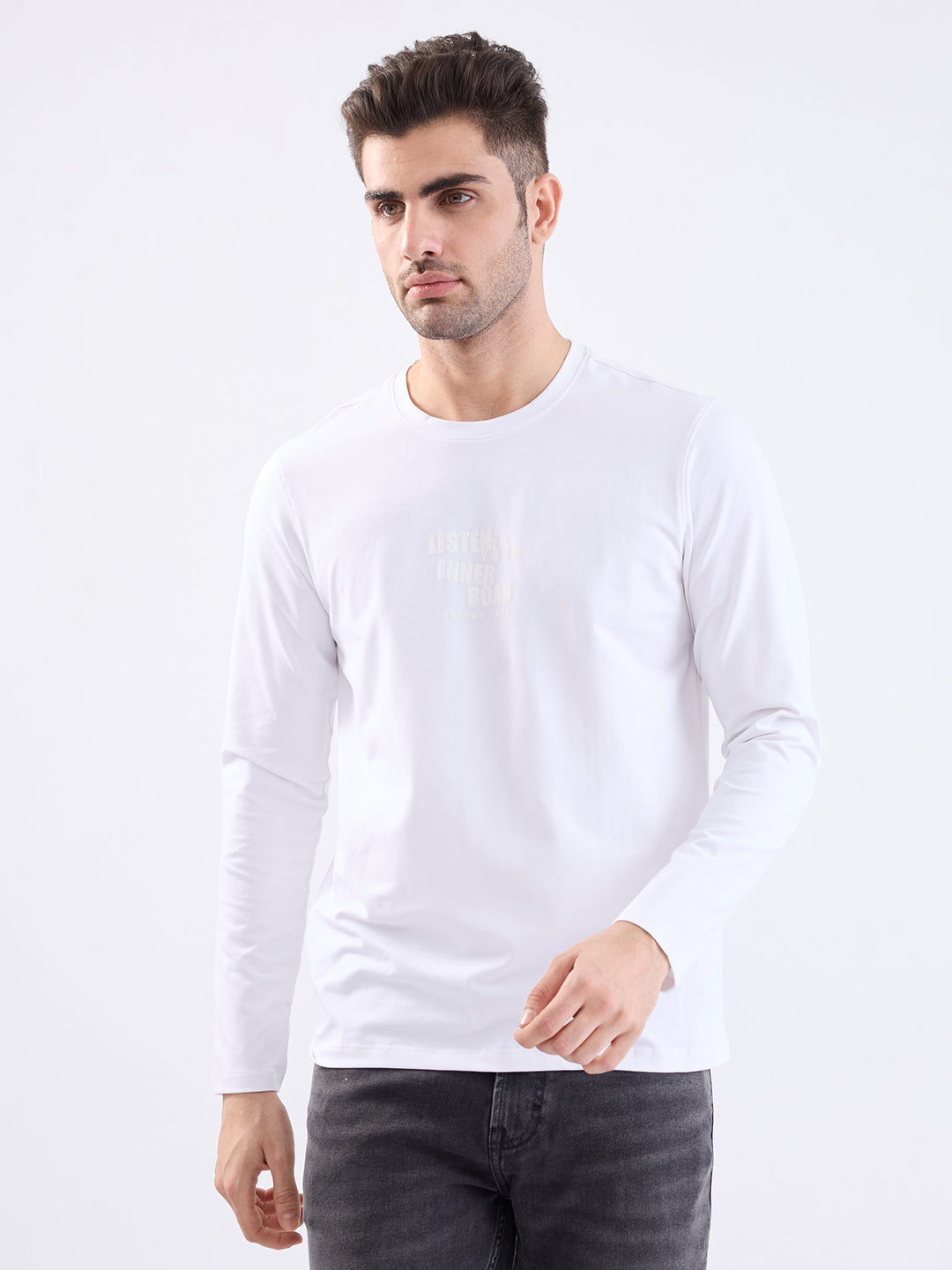 Spykar White Slim Fit Casual T-Shirt For Men