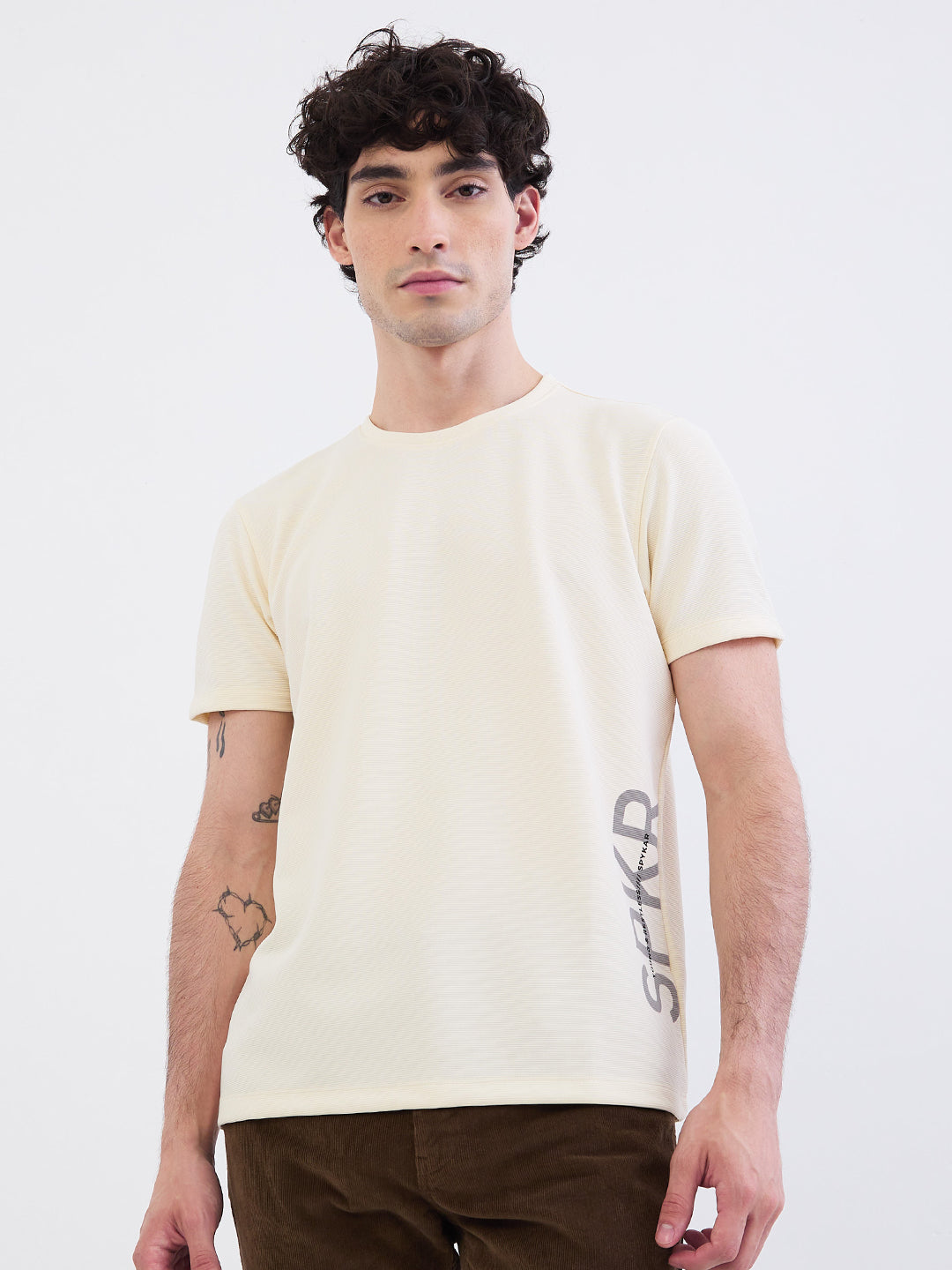 Spykar Off White Slim Fit Casual T-Shirt For Men