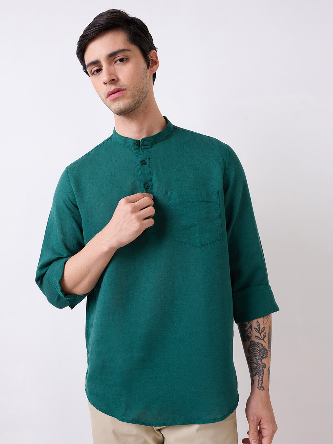 Spykar Green Full Sleeves Slim Fit Solid Kurta For Men