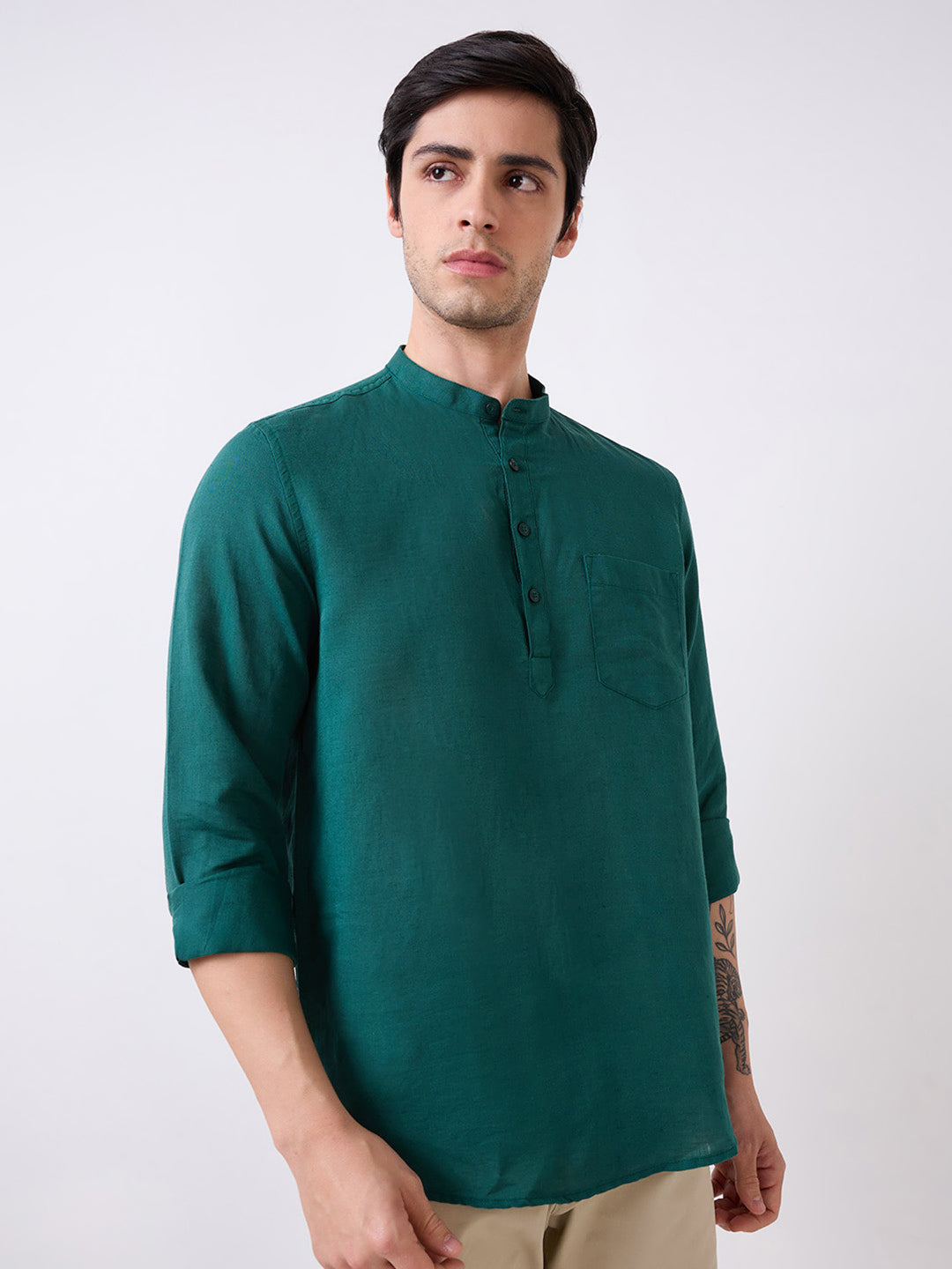 Spykar Green Full Sleeves Slim Fit Solid Kurta For Men