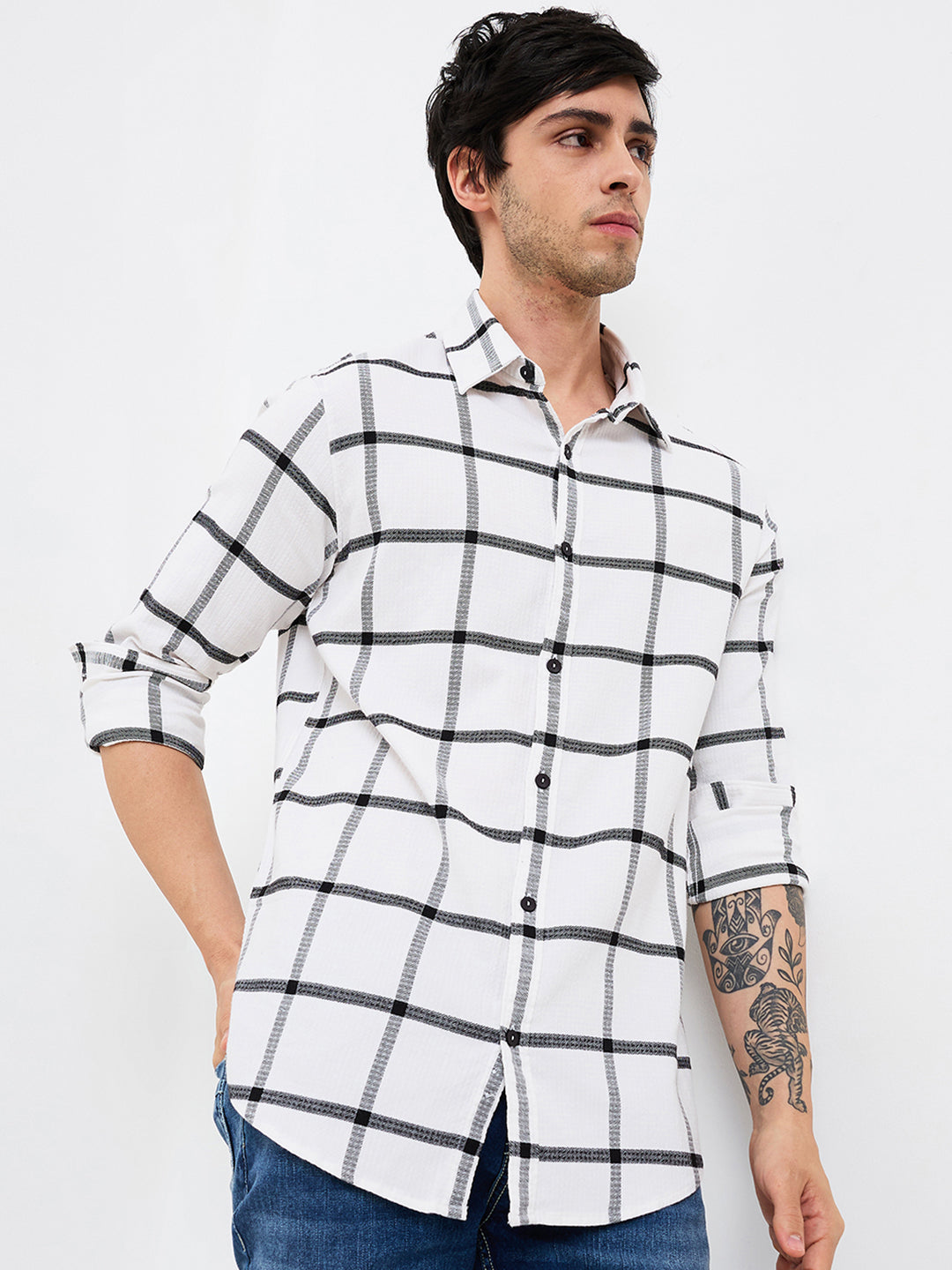 Spykar White Slim Fit Checkered Full Sleeve Shirt For Men