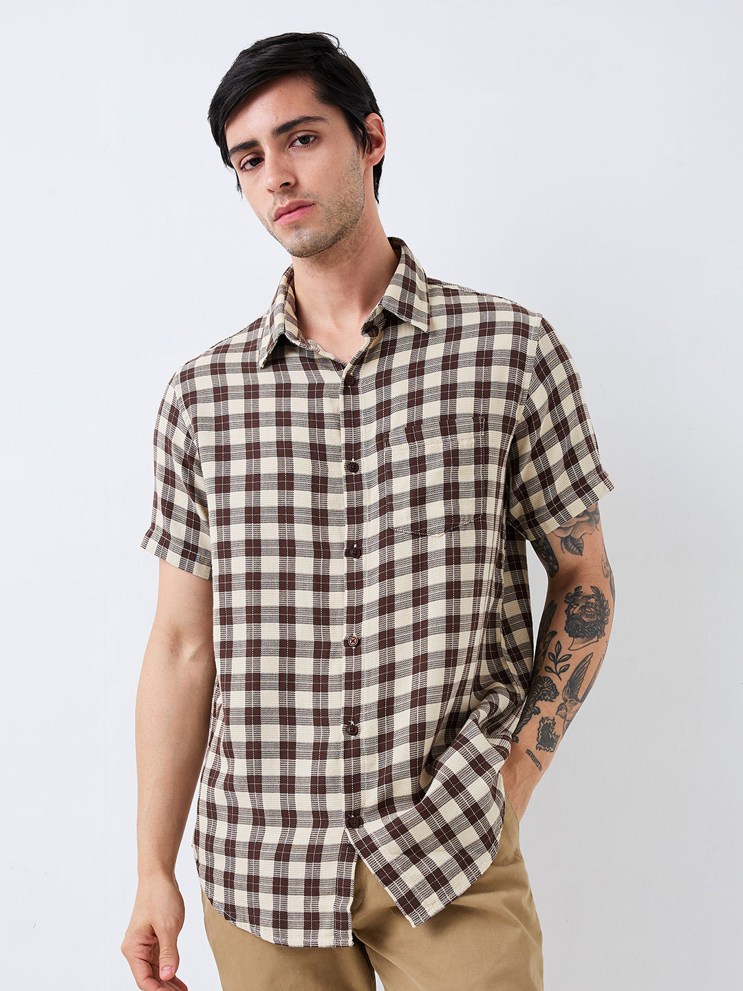 Spykar Brown Slim Fit Checkered Half Sleeve Shirt For Men