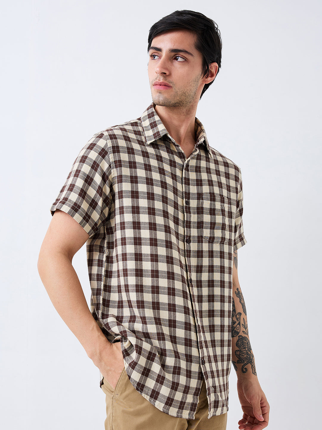 Spykar Brown Slim Fit Checkered Half Sleeve Shirt For Men