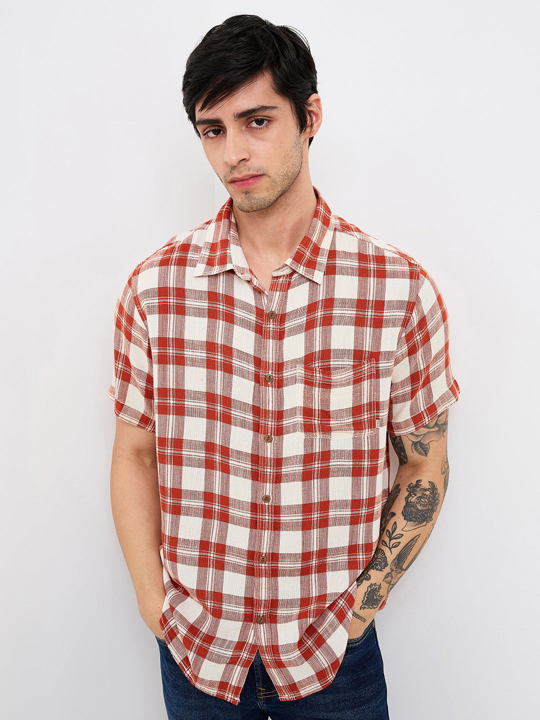 Spykar Brown Slim Fit Checkered Half Sleeve Shirt For Men