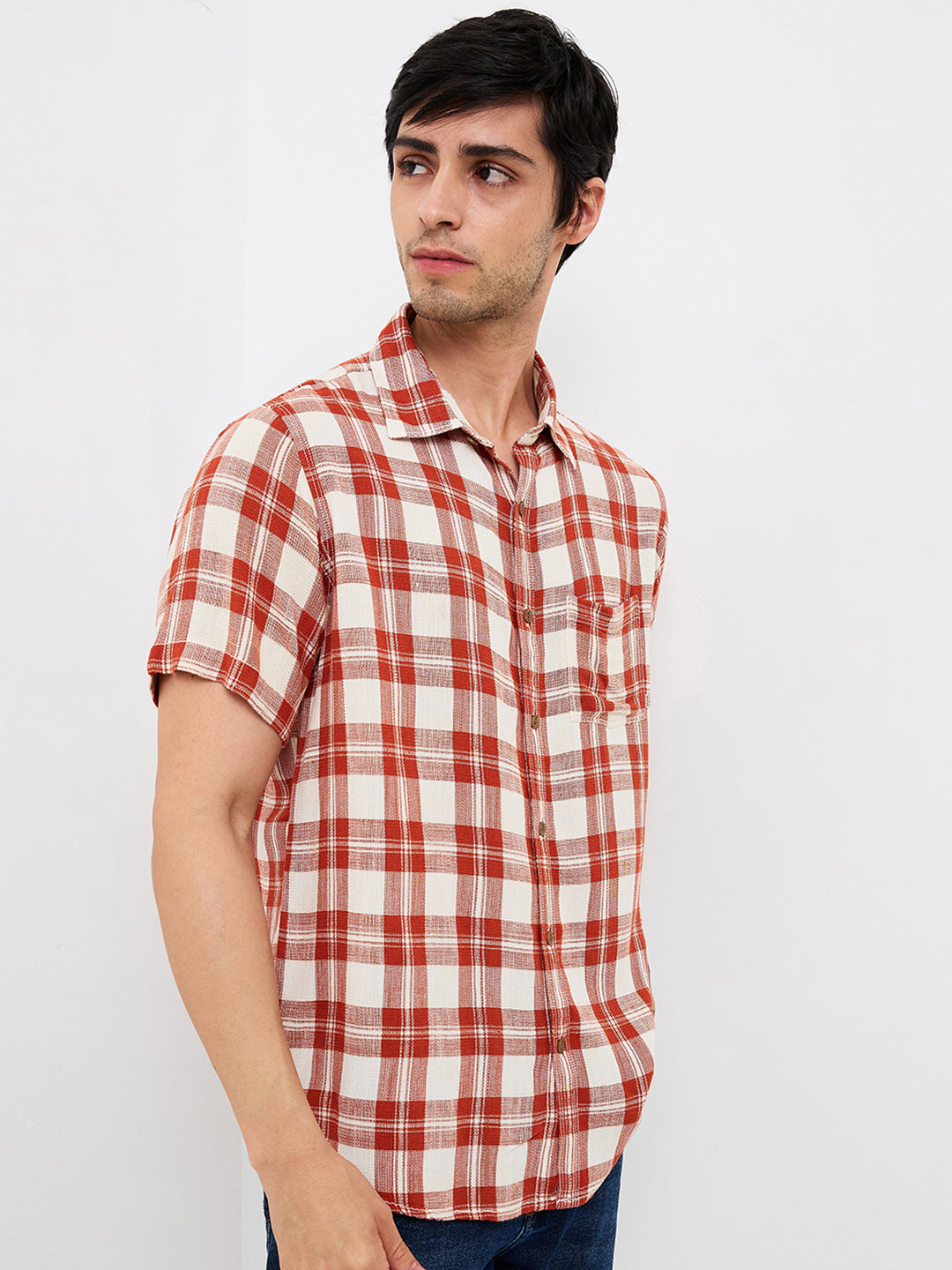 Spykar Brown Slim Fit Checkered Half Sleeve Shirt For Men