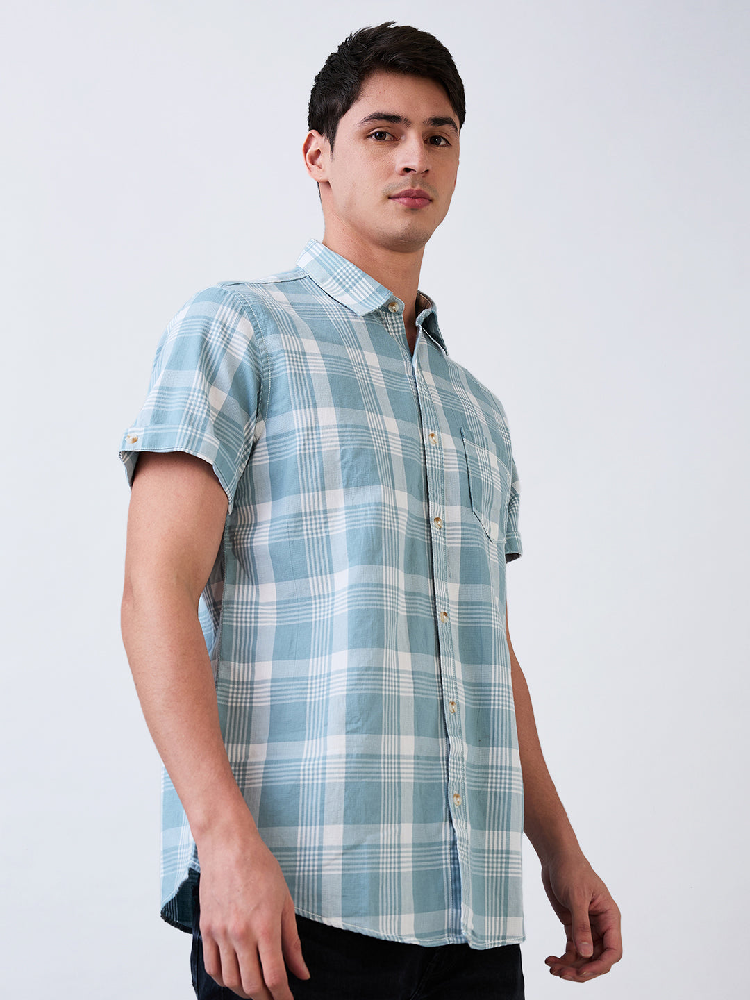 Spykar Blue Slim Fit Checkered Half Sleeve Shirt For Men