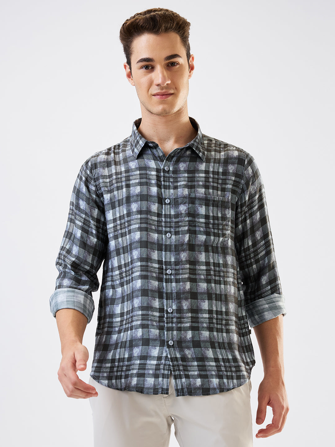 Spykar Grey Slim Fit Checkered Full Sleeve Shirt For Men