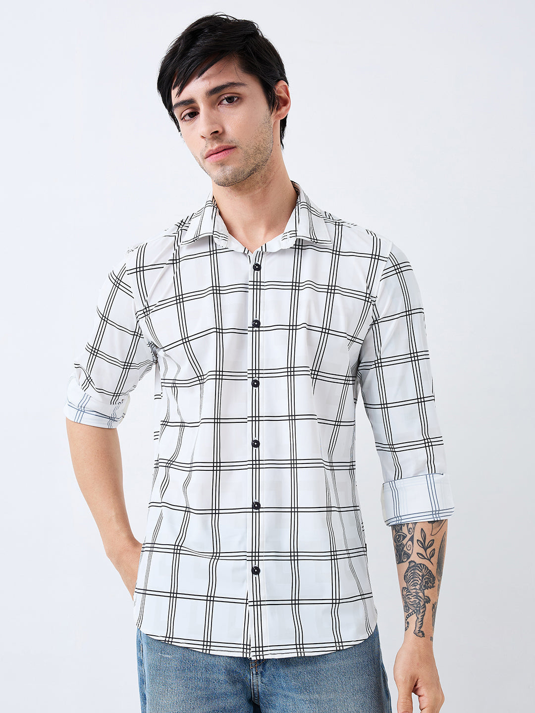 Spykar White Slim Fit Checkered Full Sleeve Shirt For Men