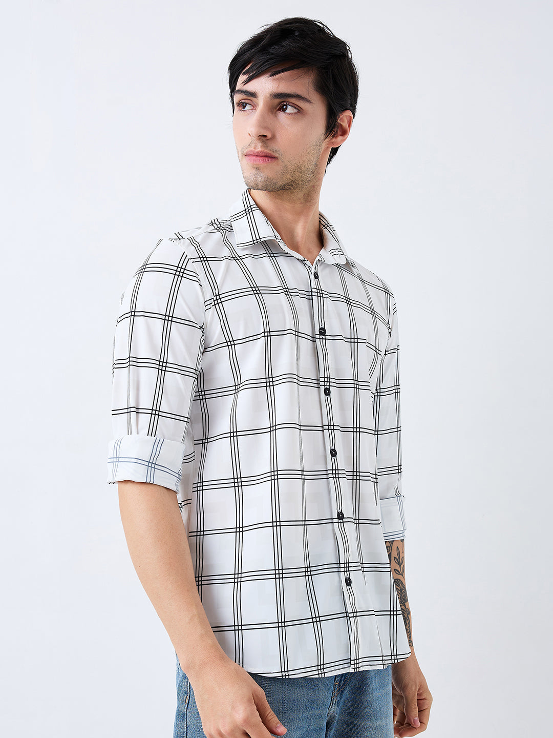 Spykar White Slim Fit Checkered Full Sleeve Shirt For Men