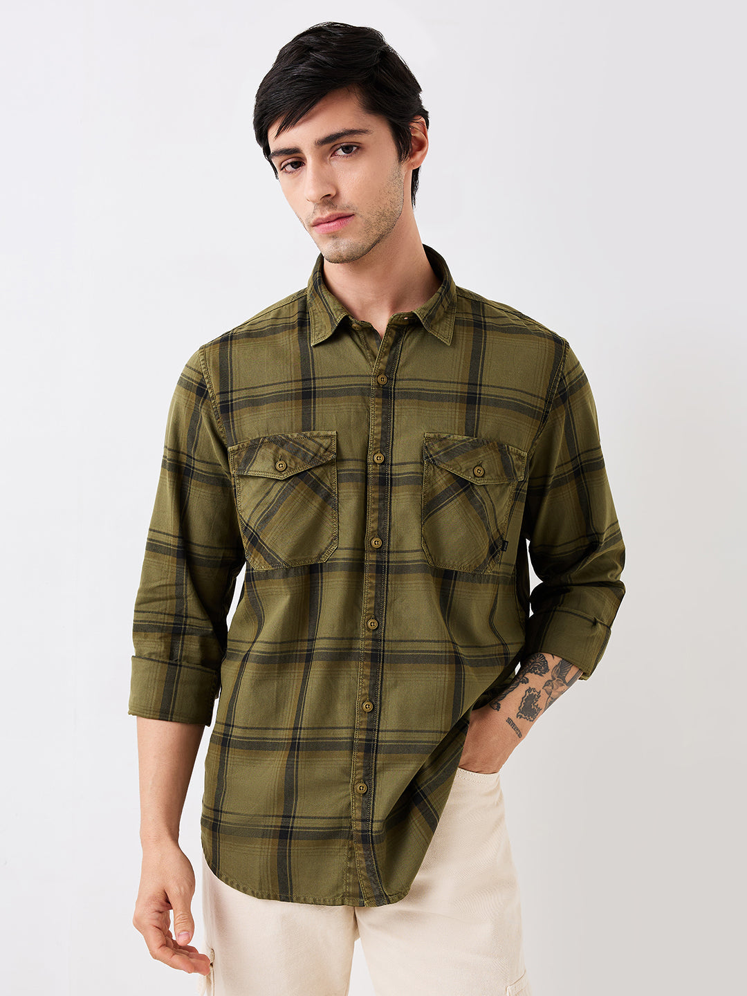 Spykar Green Slim Fit Checkered Full Sleeve Shirt For Men