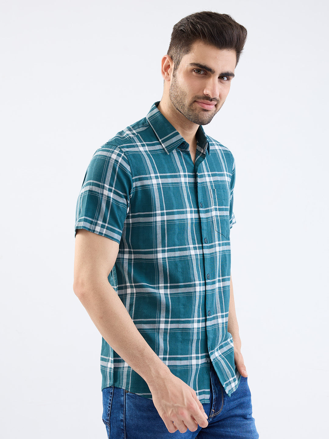 Spykar Teal Green Slim Fit Casual Shirts For Men
