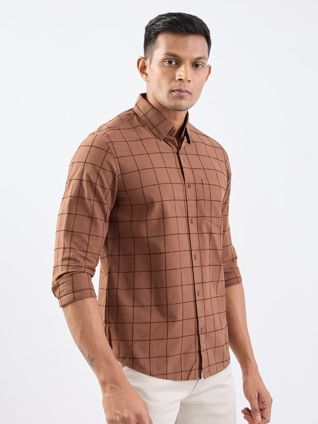Spykar Bison Brown Slim Fit Casual Shirts For Men