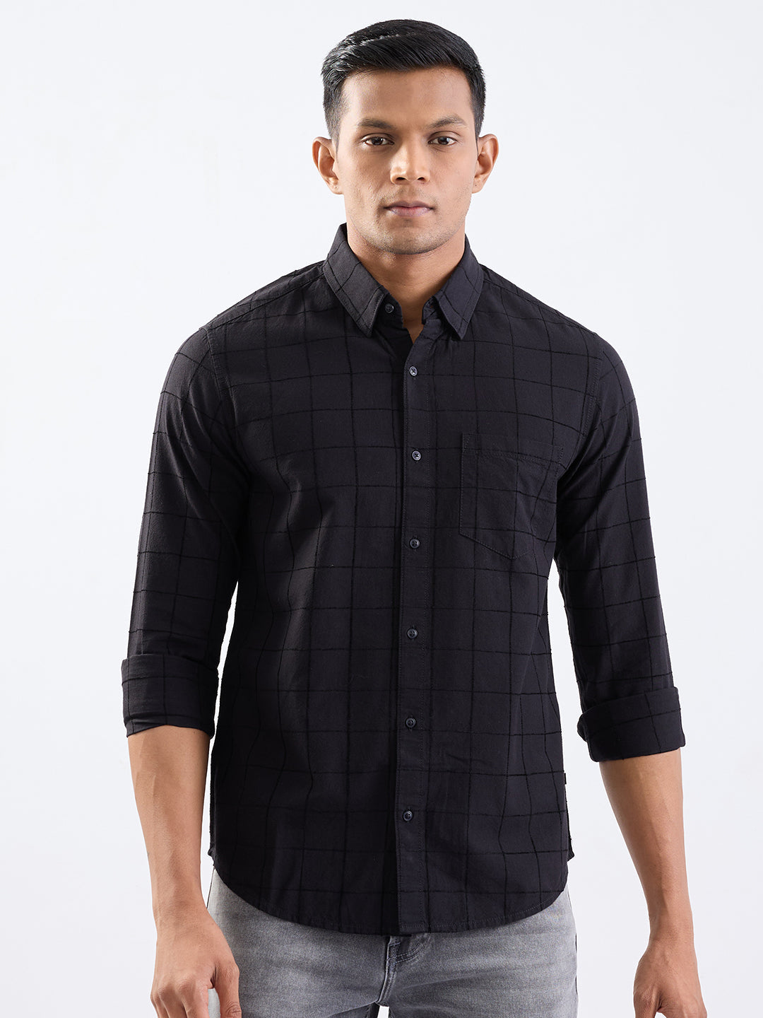 Spykar Jet Black Slim Fit Casual Shirts For Men