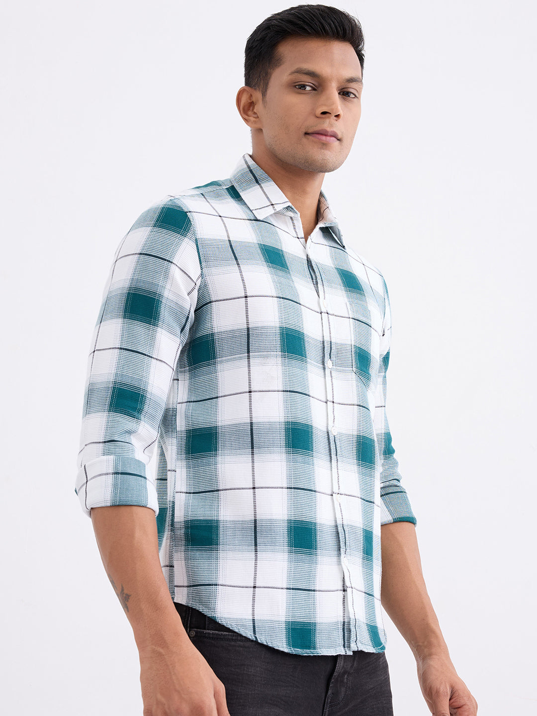 Spykar Teal Green Slim Fit Casual Shirts For Men