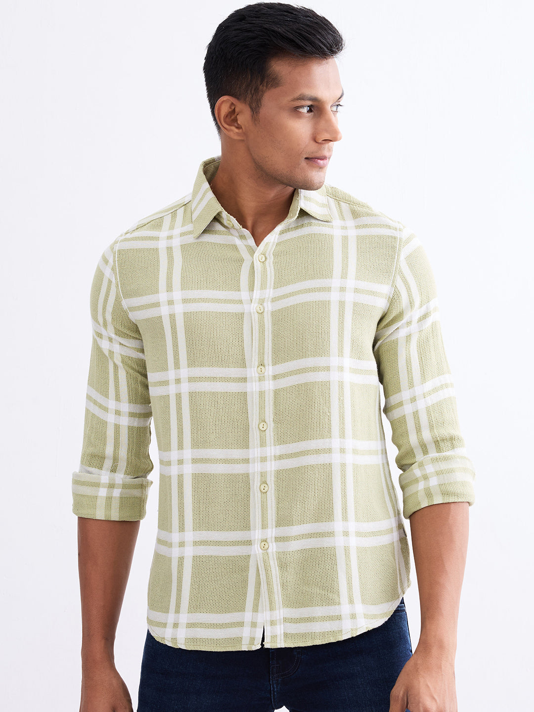 Spykar Lint Green Slim Fit Casual Shirts For Men