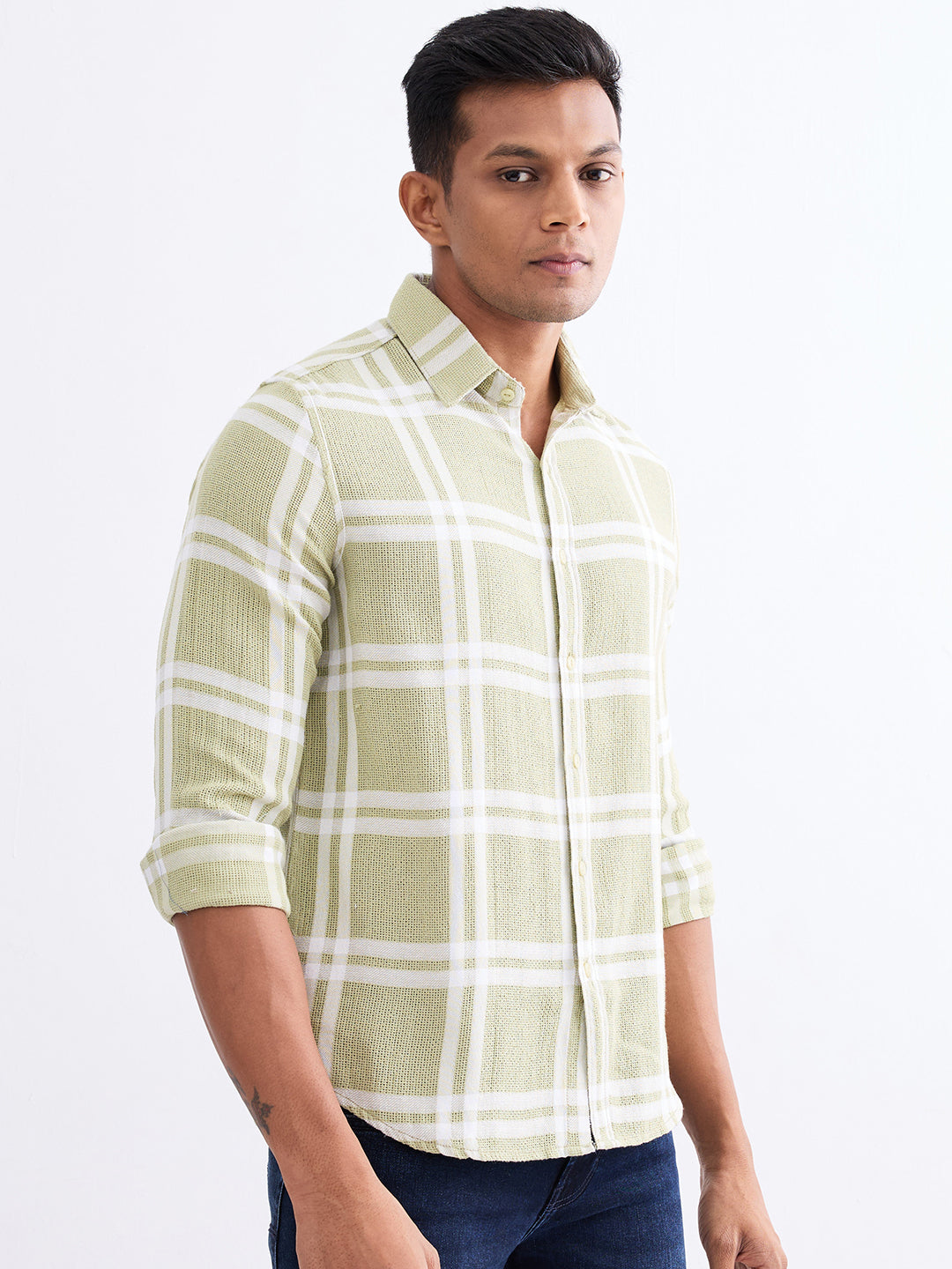 Spykar Lint Green Slim Fit Casual Shirts For Men