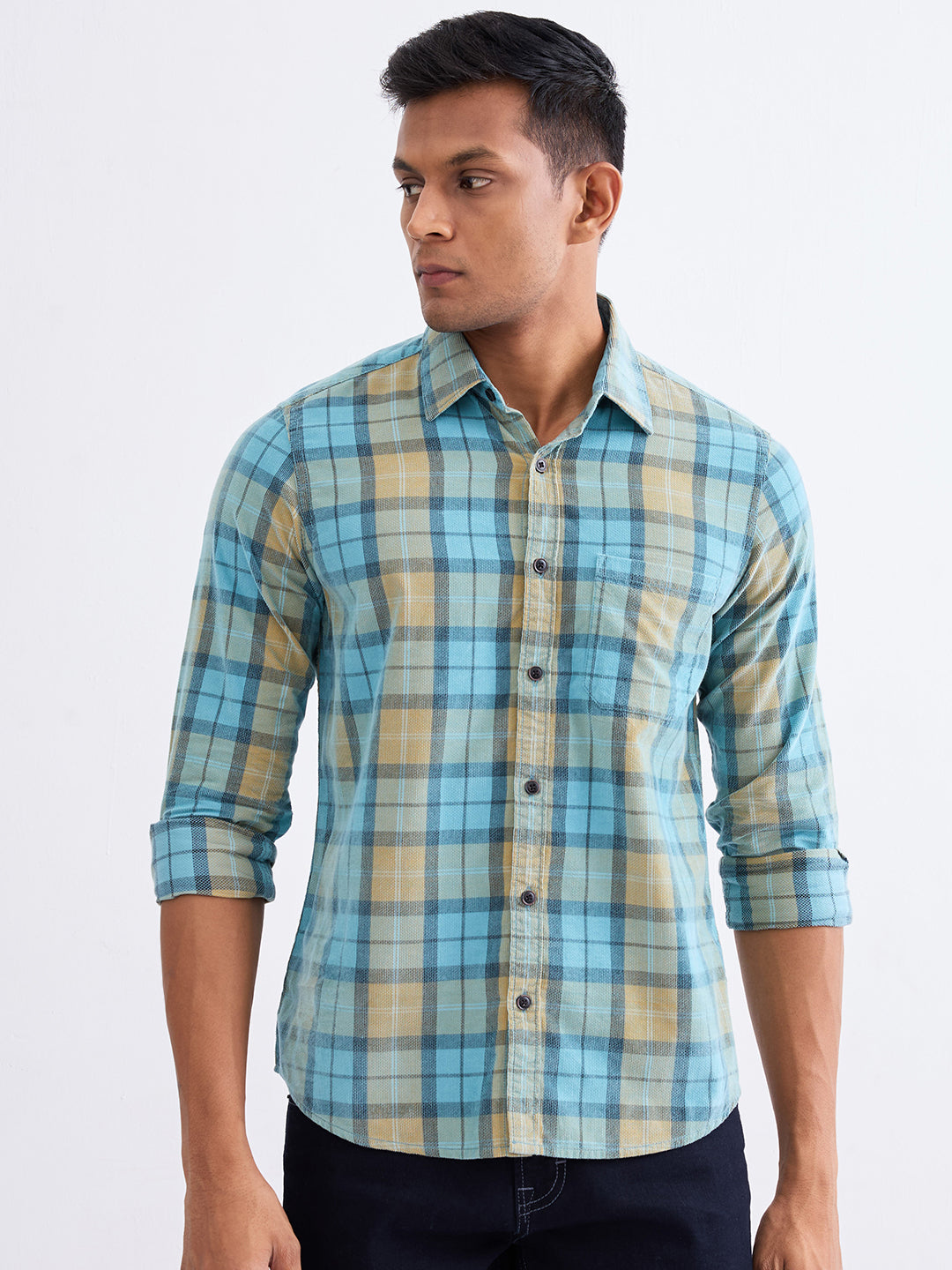 Spykar Cameo Blue Slim Fit Casual Shirts For Men