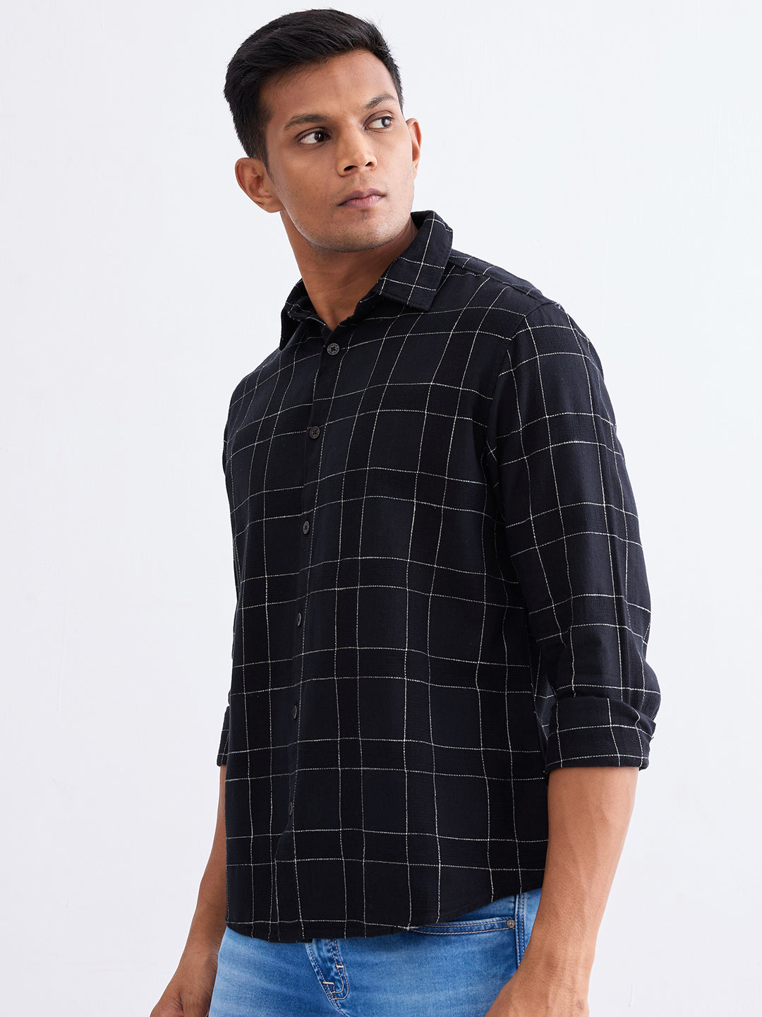 Spykar Jet Black Slim Fit Casual Shirts For Men