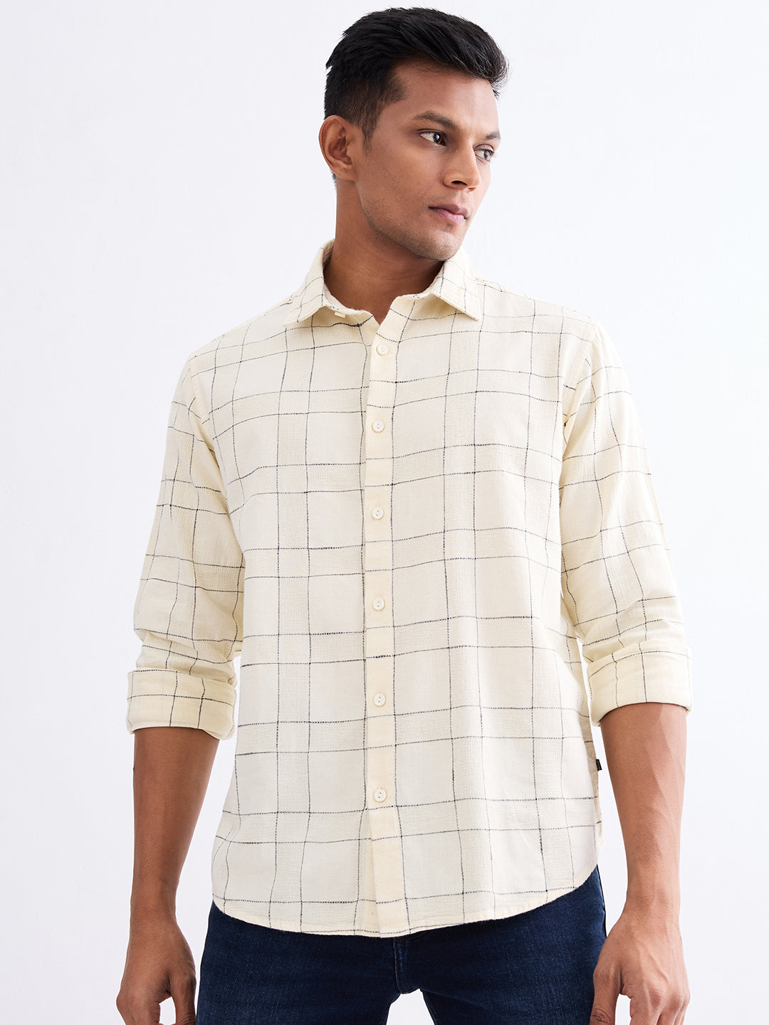 Spykar Off White Slim Fit Casual Shirts For Men