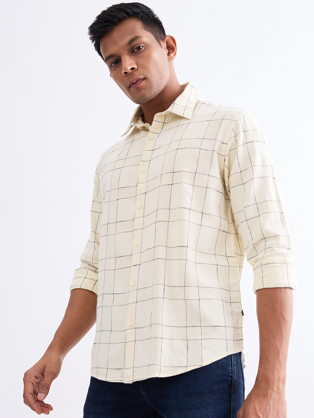 Spykar Off White Slim Fit Casual Shirts For Men