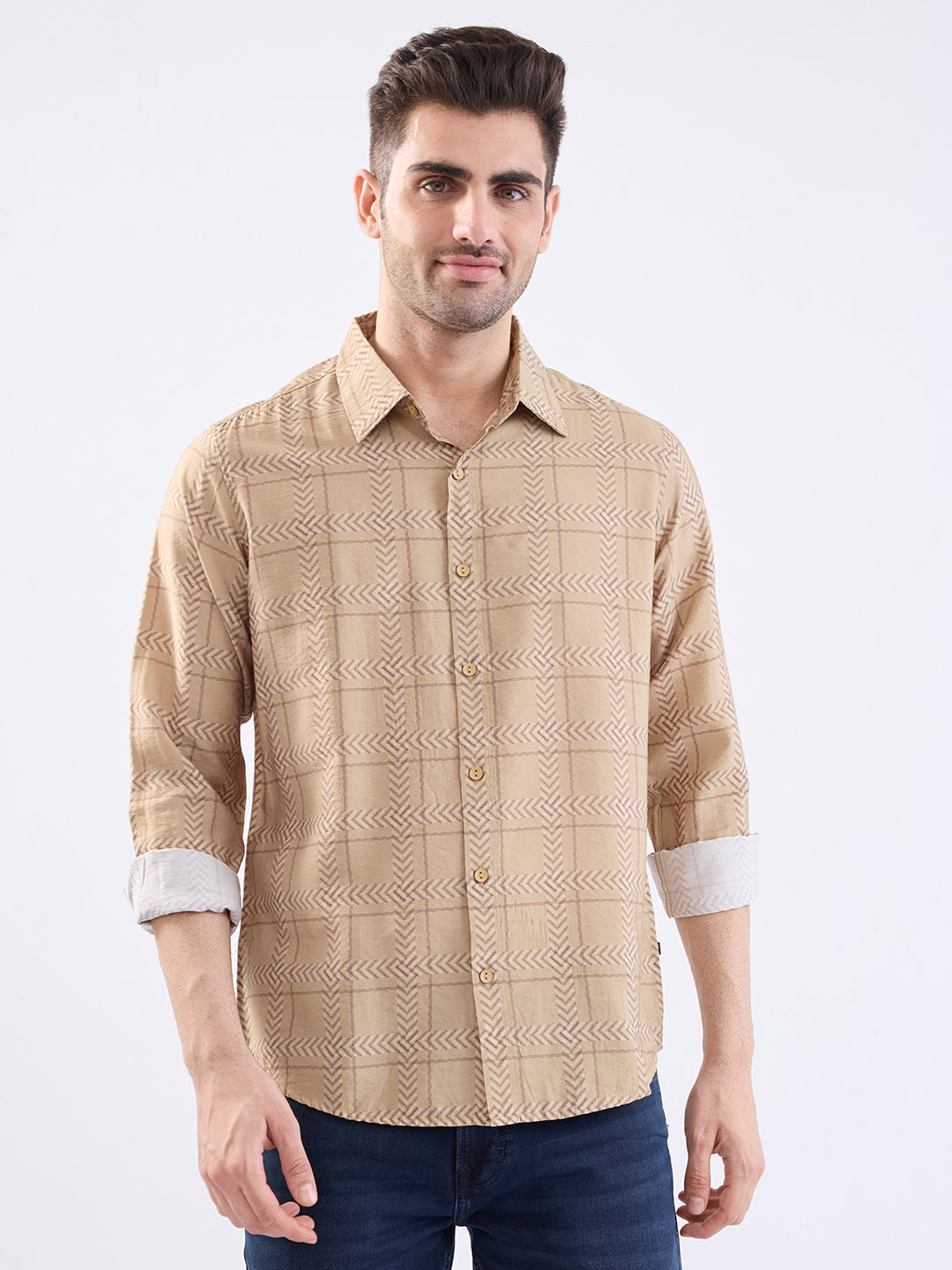Spykar Taupe Beige Slim Fit Casual Shirts For Men