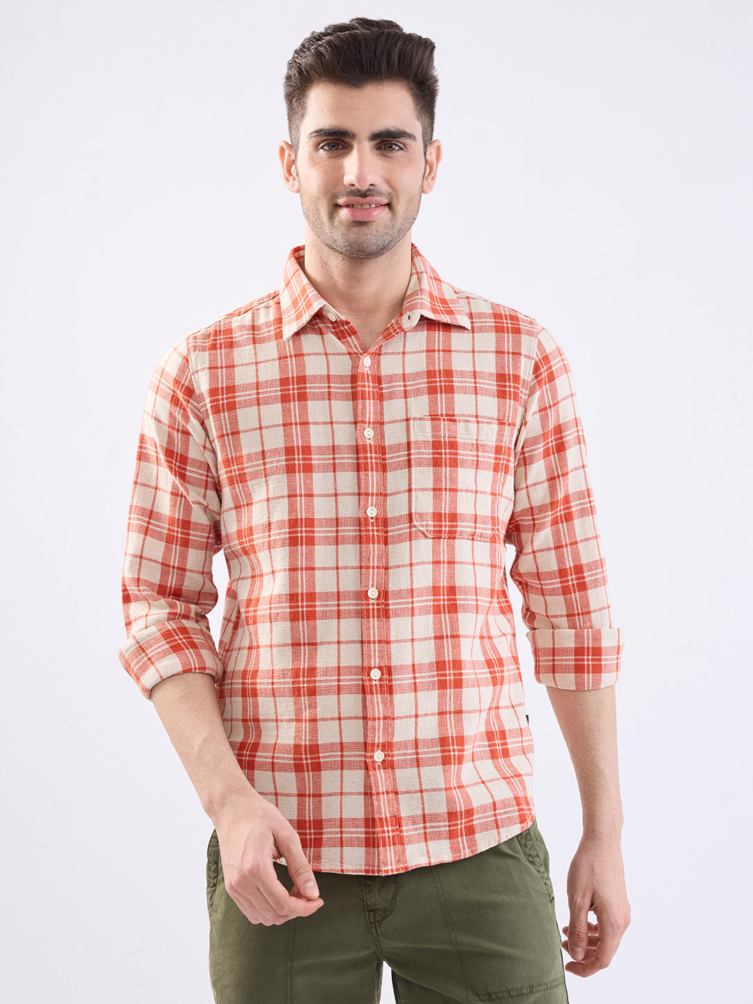 Spykar Burnt Orange Slim Fit Casual Shirts For Men
