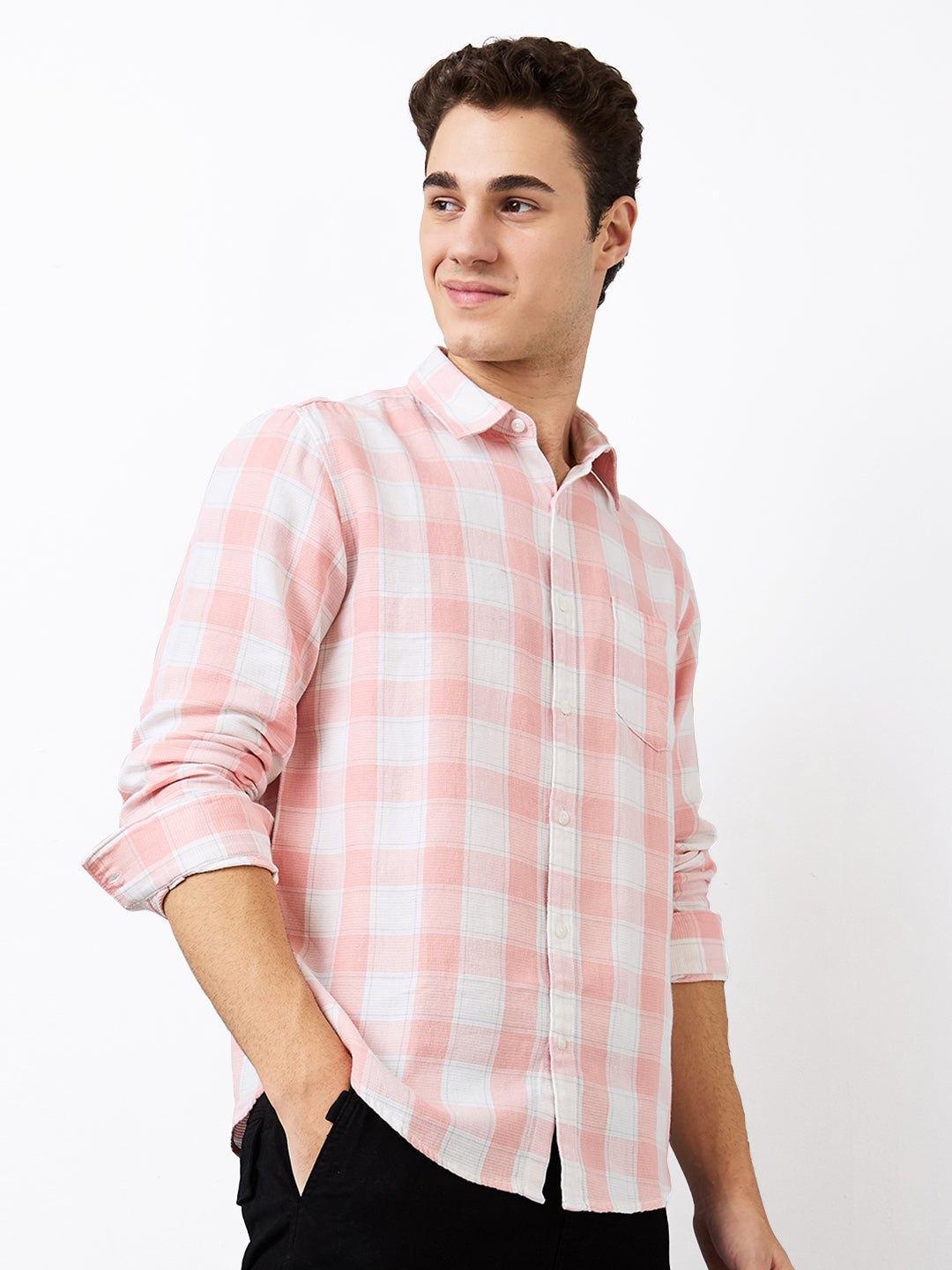 Spykar Pink Slim Fit Checkered Full Sleeve Shirt For Men