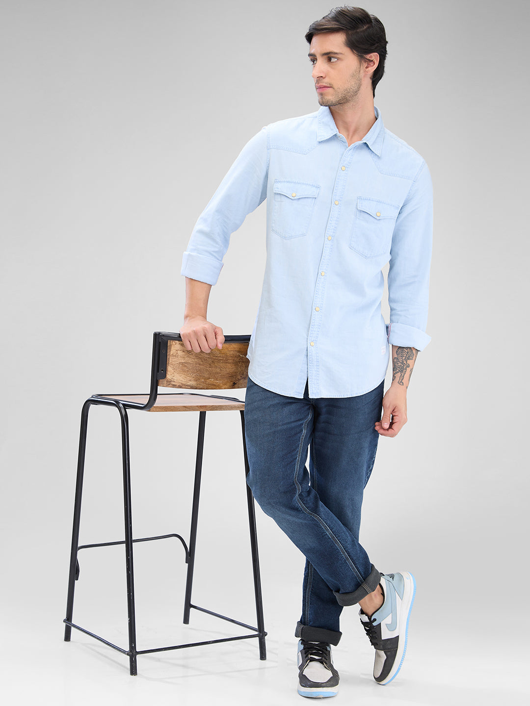 Spykar Light Blue Cotton Full Sleeve Raised Collar Shirt For Men