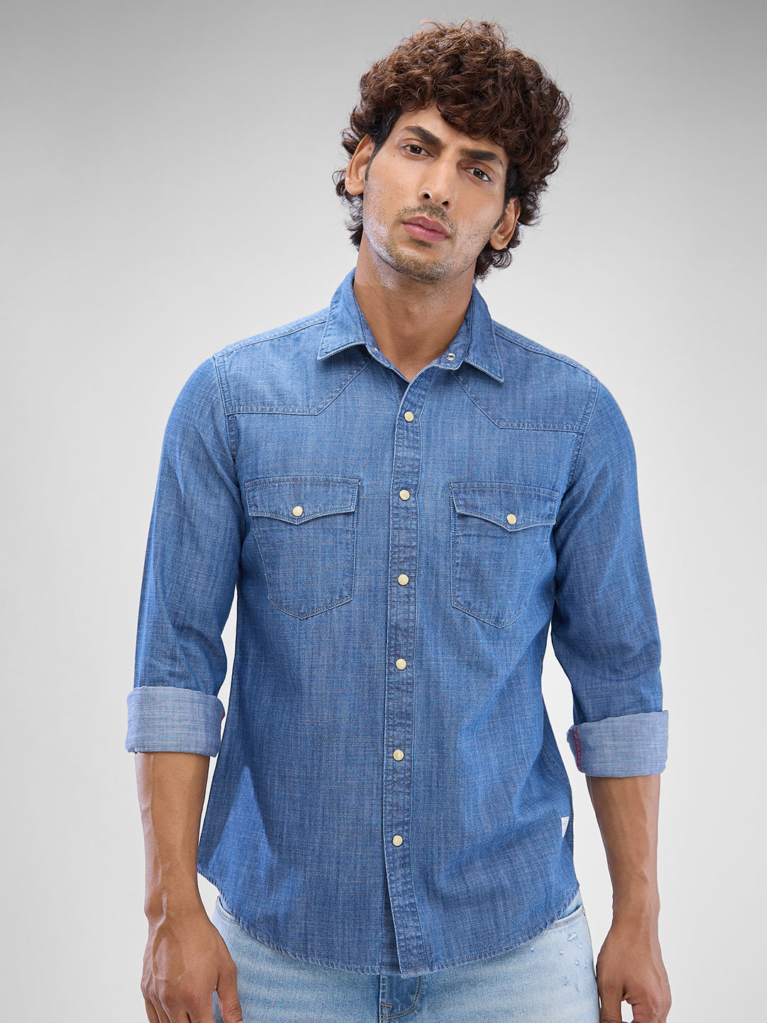 Spykar Mid Blue Cotton Full Sleeve Raised Collar Shirt For Men