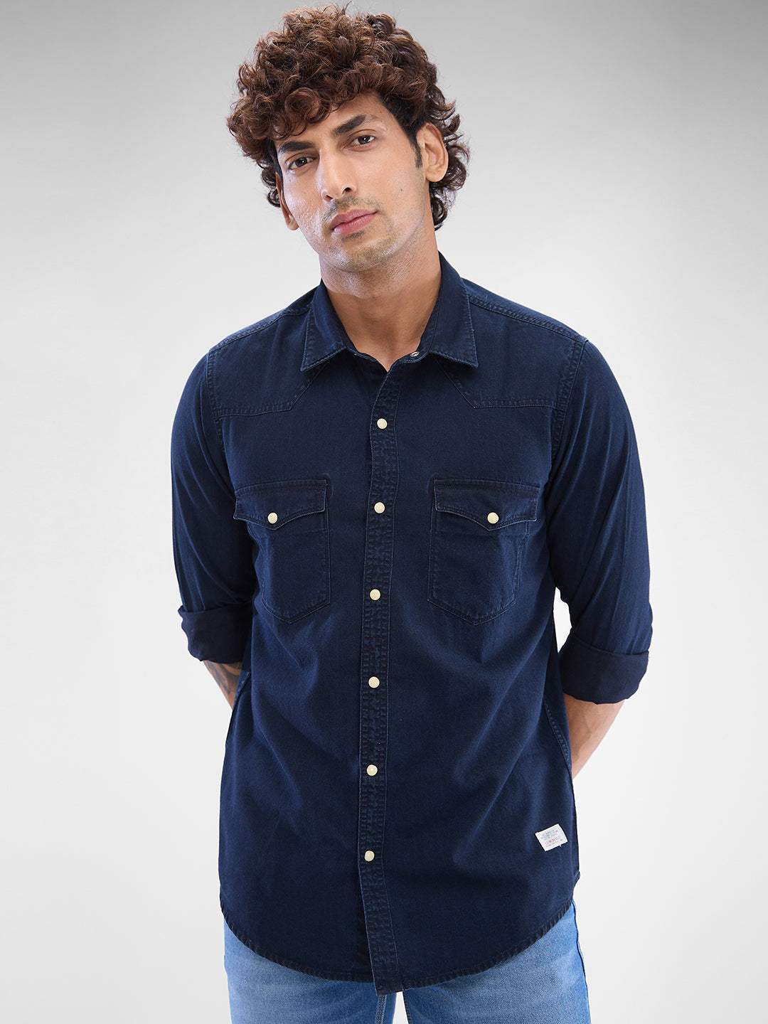 Spykar Dark Blue Cotton Full Sleeve Raised Collar Shirt For Men