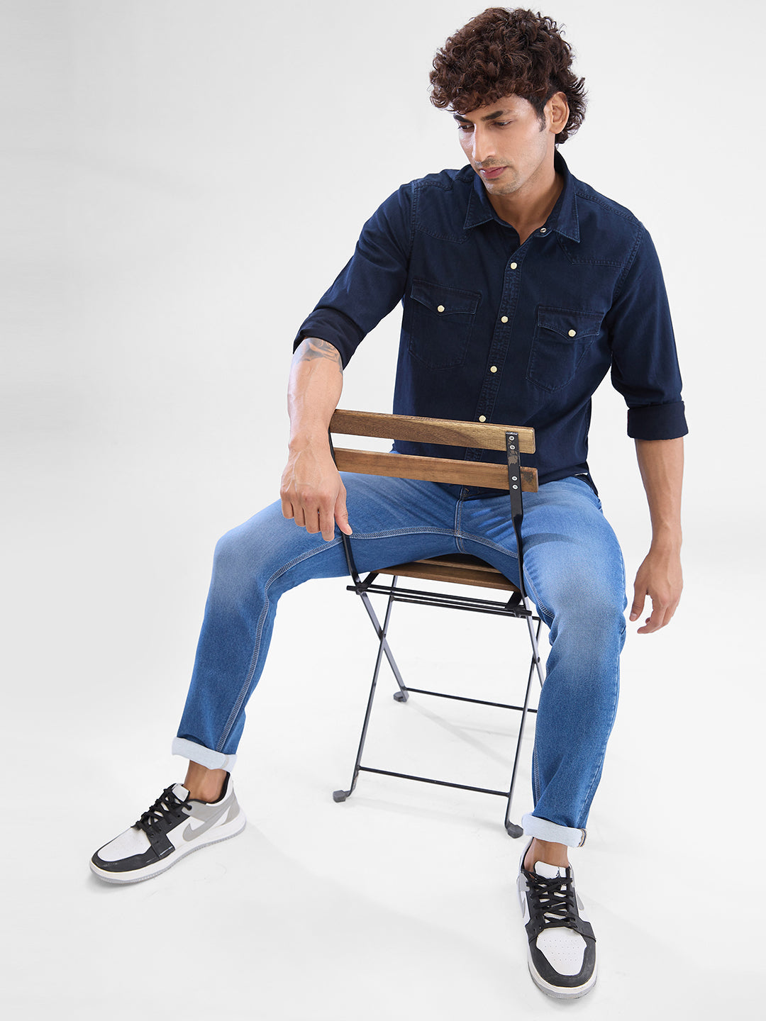 Spykar Dark Blue Cotton Full Sleeve Raised Collar Shirt For Men
