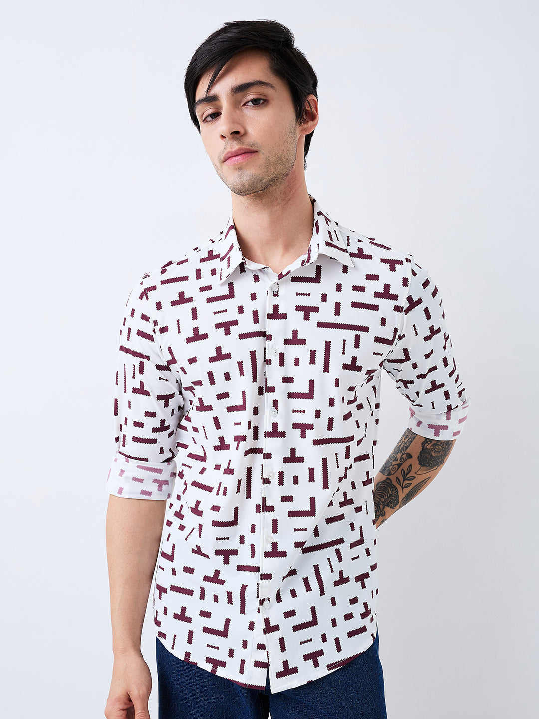 Spykar Red Slim Fit Printed Full Sleeve Shirt For Men