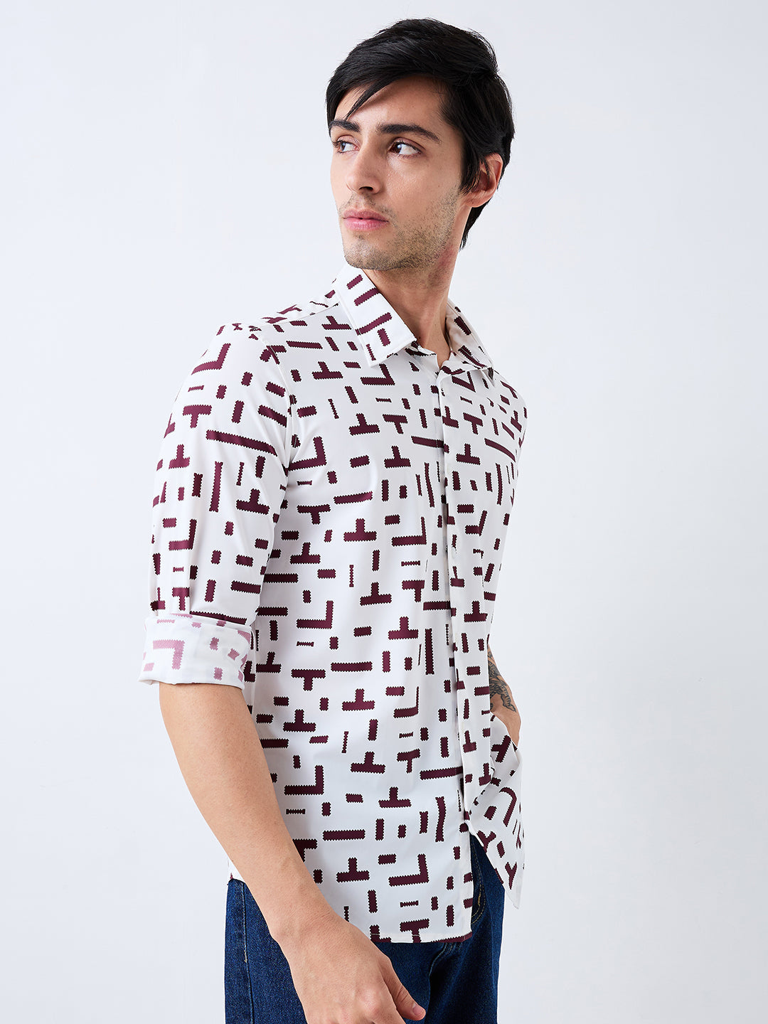 Spykar Red Slim Fit Printed Full Sleeve Shirt For Men