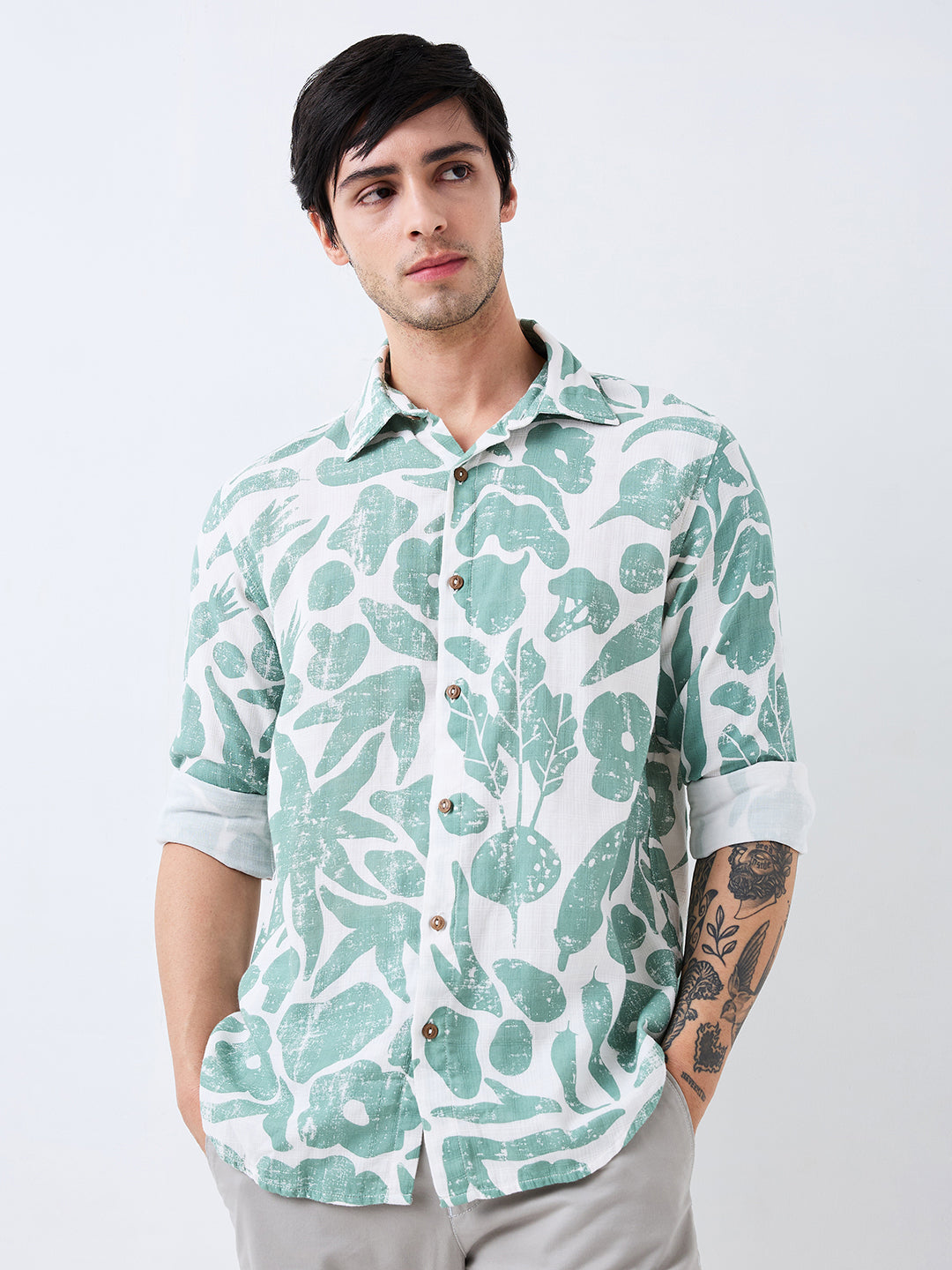 Spykar Green Slim Fit Printed Full Sleeve Shirt For Men