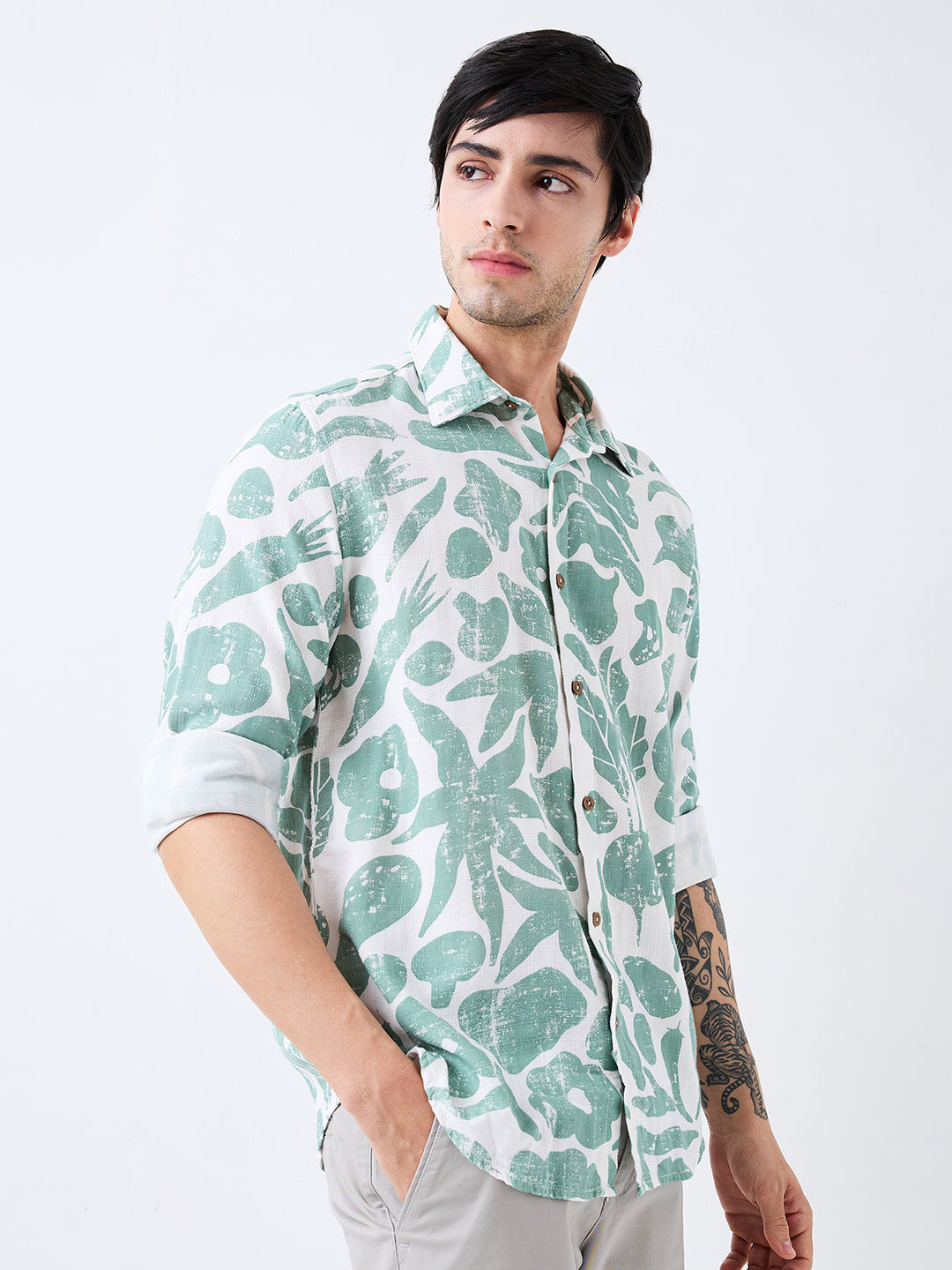 Spykar Green Slim Fit Printed Full Sleeve Shirt For Men