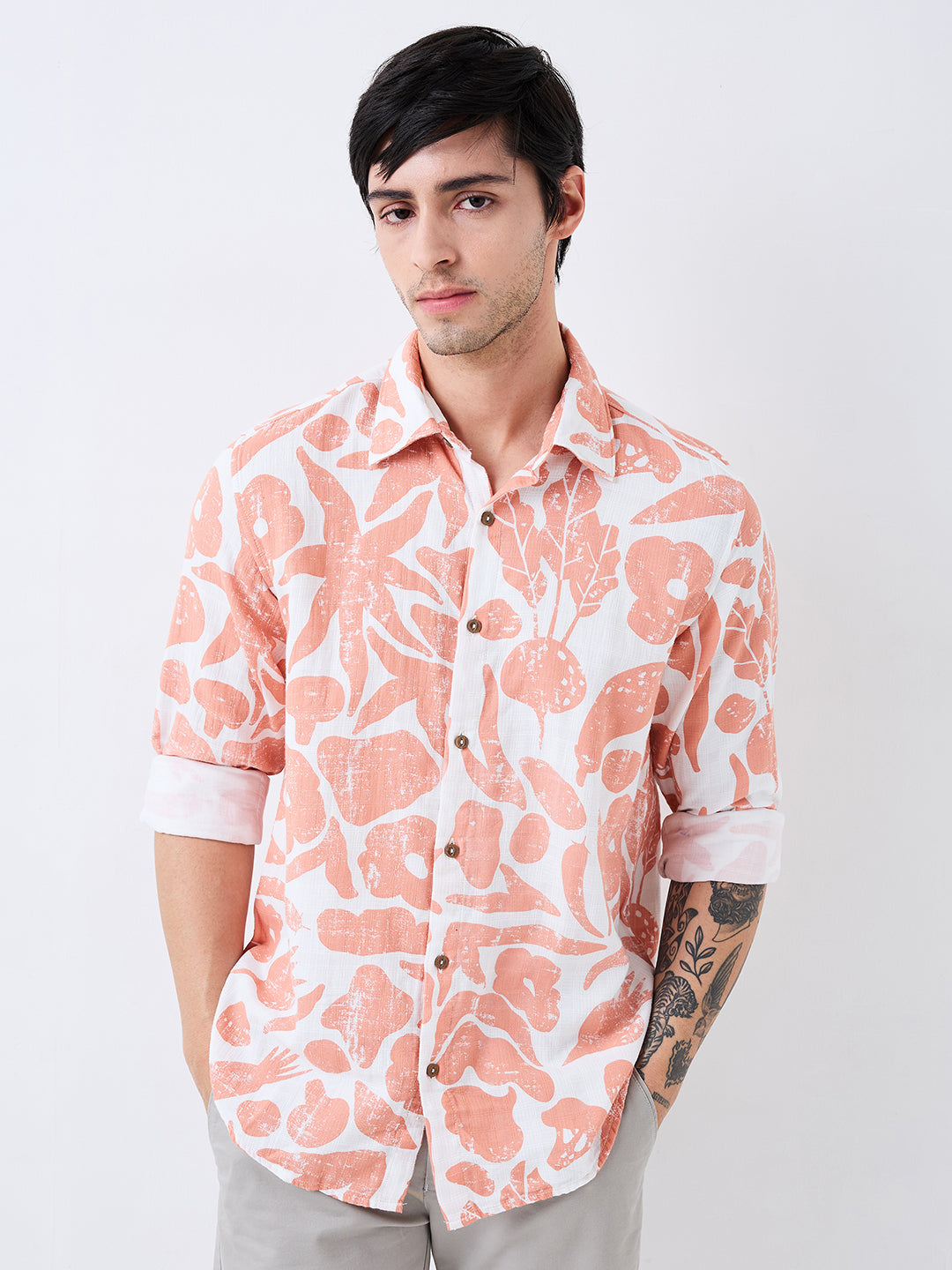 Spykar Pink Slim Fit Printed Full Sleeve Shirt For Men