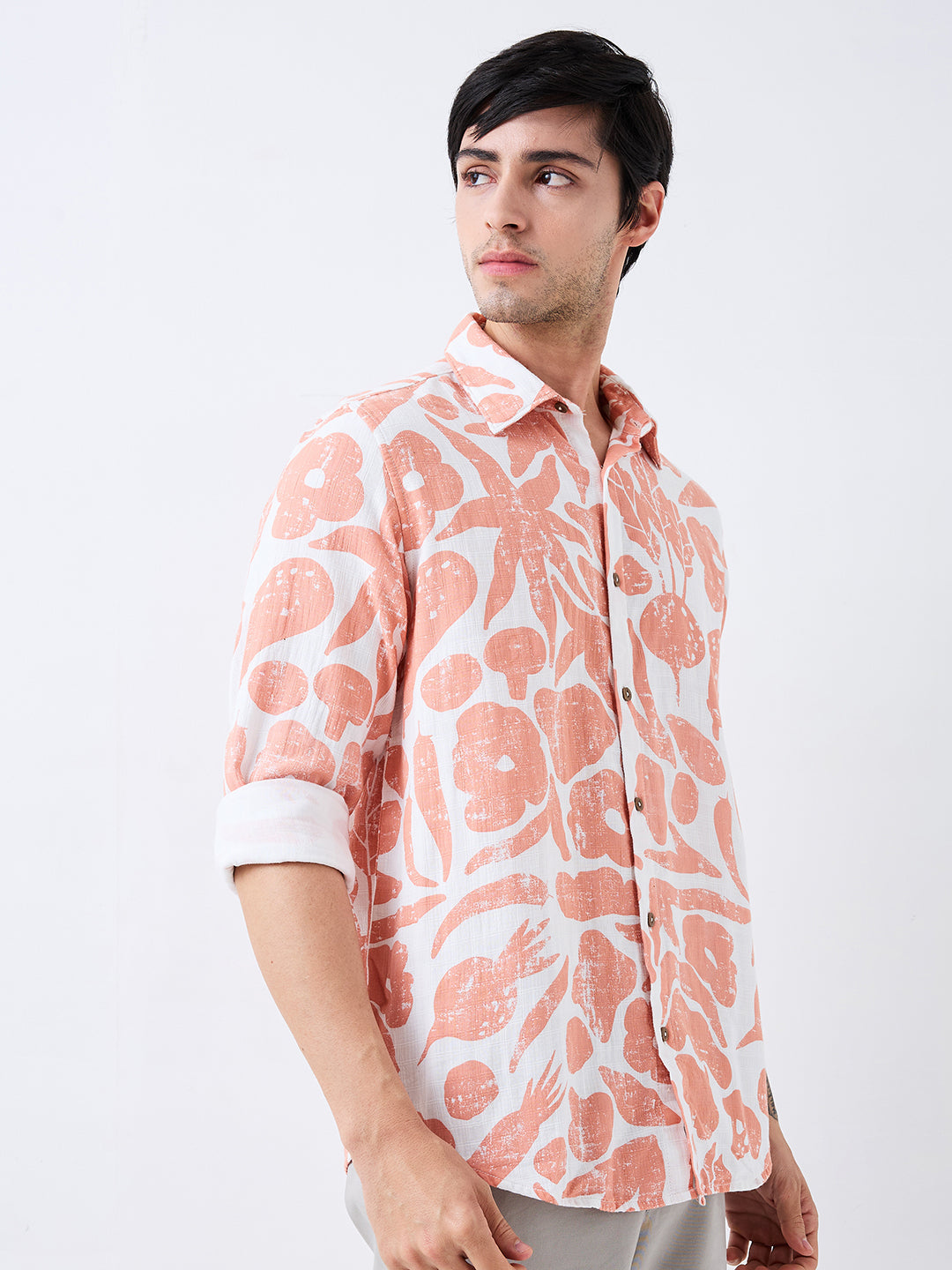 Spykar Pink Slim Fit Printed Full Sleeve Shirt For Men