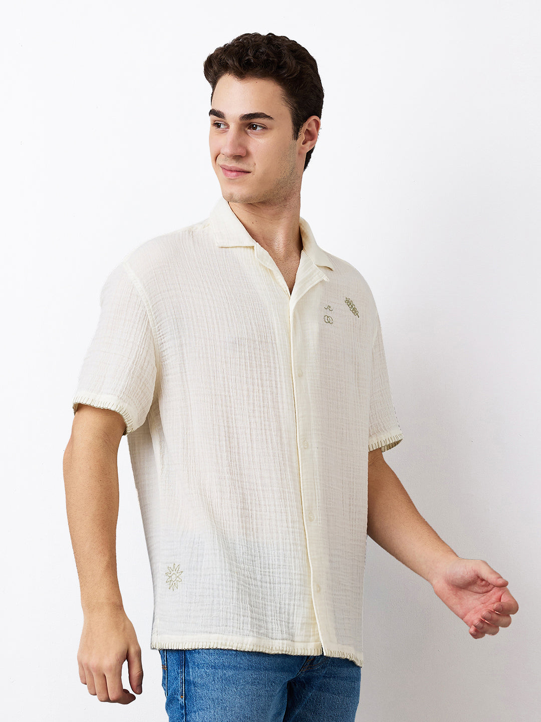 Spykar White Relaxed Fit Solid Half Sleeve Shirt For Men