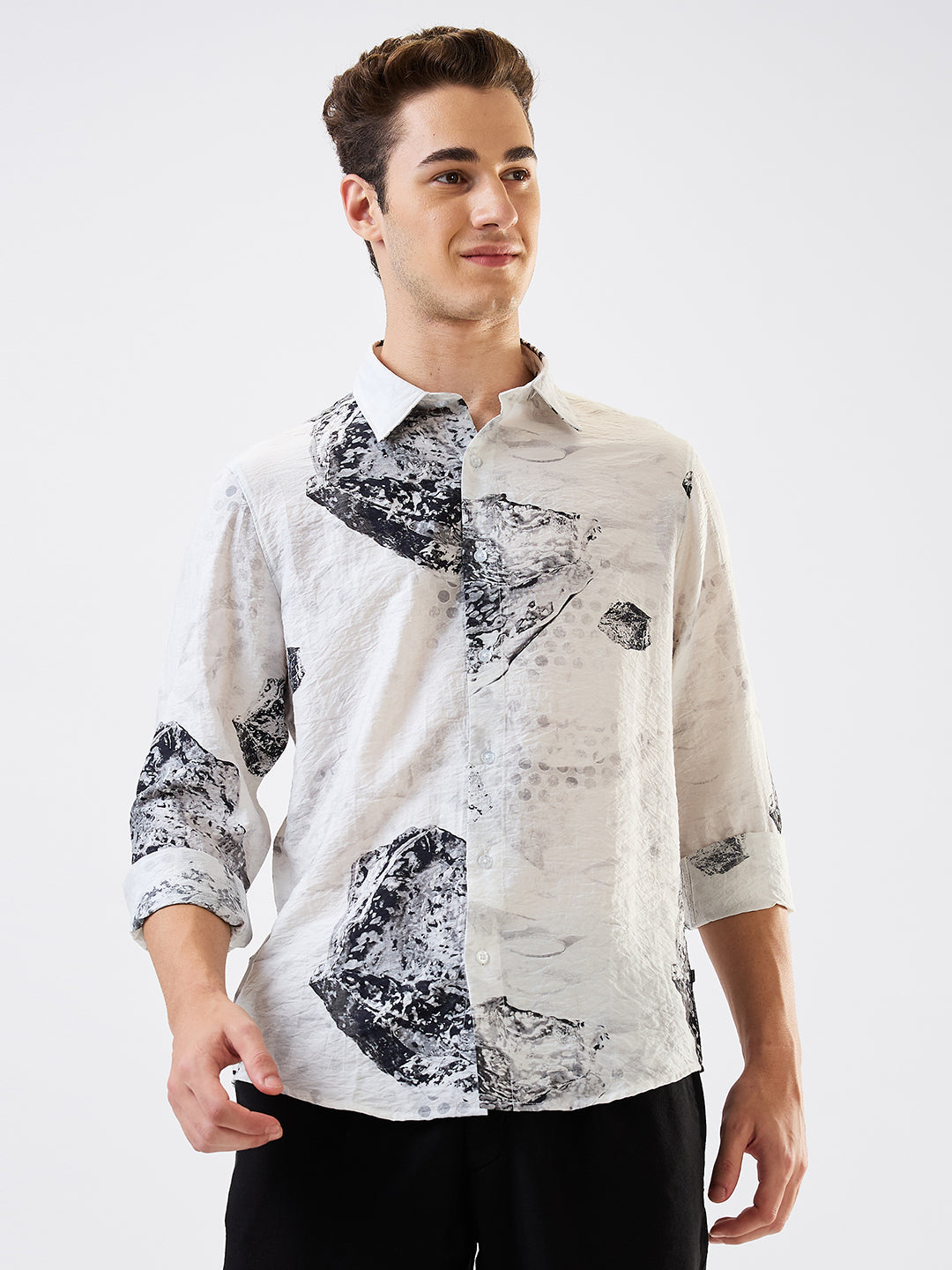 Spykar White Slim Fit Printed Full Sleeve Shirt For Men